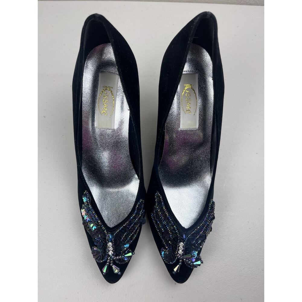 Vintage 80s 90s JSSME Black Velvet Beaded Sequin Evening Pumps Women’s 7.5